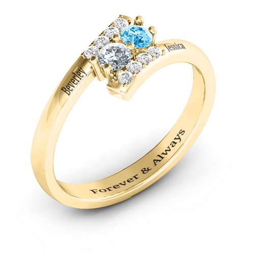 Must Be Love Two Stone Ring – 10K Yellow Gold with Cubic Zirconia, Blue Topaz, and White Premium Zirconia