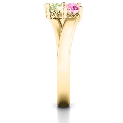 Two Stone Ring With Filigree Settings – 10K Yellow Gold with Peridot and Pink Tourmaline