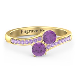 Two Stone Ring With Sparkling Accents And Filigree Settings in 18K Gold Plated Silver with Amethyst and Amethyst Premium Zirconia