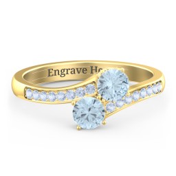Two Stone Ring With Sparkling Accents And Filigree Settings in 18K Gold Plated Silver with Aquamarine and Fancy Blue Premium Zirconia