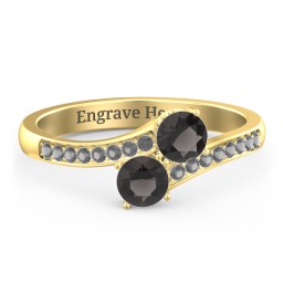 Two Stone Ring With Sparkling Accents And Filigree Settings in 18K Gold Plated Silver with Smokey Quartz and Black Premium Zirconia