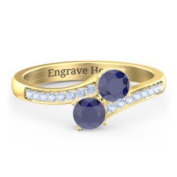Two Stone Ring With Sparkling Accents And Filigree Settings in 18K Gold Plated Silver with Blue Sapphire and Fancy Blue Premium Zirconia