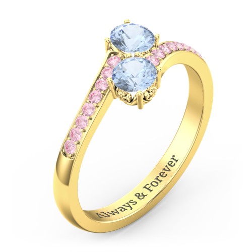 Two Stone Ring With Sparkling Accents And Filigree Settings – 10K Yellow Gold with Aquamarine and Fancy Pink Premium Zirconia