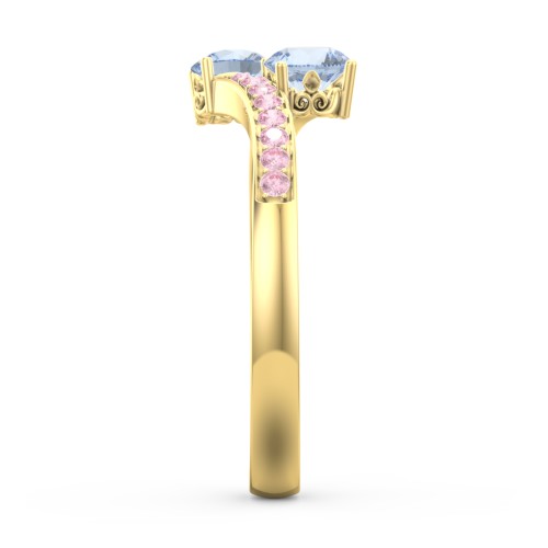 Two Stone Ring With Sparkling Accents And Filigree Settings – 10K Yellow Gold with Aquamarine and Fancy Pink Premium Zirconia