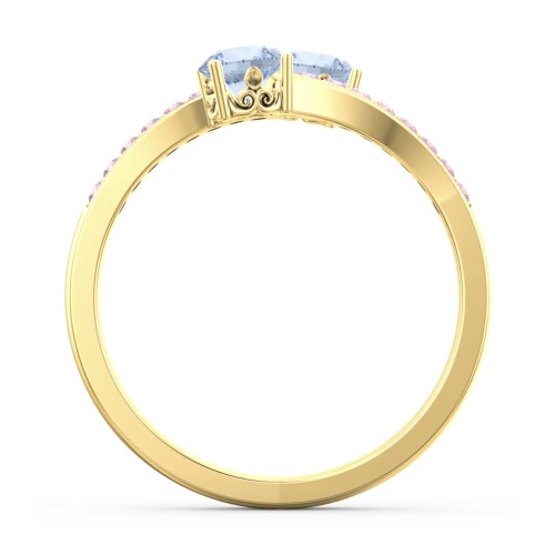 Two Stone Ring With Sparkling Accents And Filigree Settings – 10K Yellow Gold with Aquamarine and Fancy Pink Premium Zirconia