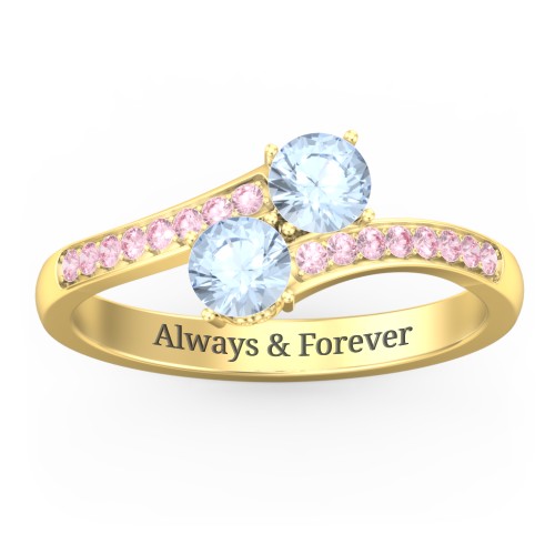 Two Stone Ring With Sparkling Accents And Filigree Settings – 10K Yellow Gold with Aquamarine and Fancy Pink Premium Zirconia
