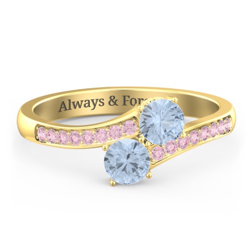 Two Stone Ring With Sparkling Accents And Filigree Settings – 10K Yellow Gold with Aquamarine and Fancy Pink Premium Zirconia