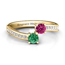 Elegant Accent Two Stone Ring in 10K Solid Yellow Gold with Emerald, Ruby, and White Premium Zirconia