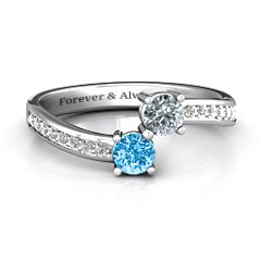 Elegant Accent Two Stone Ring – Sterling Silver with Blue Topaz, Cubic Zirconia, and White Premium Zirconia