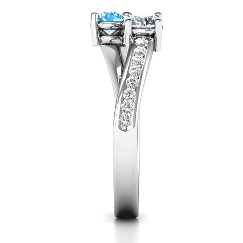 Elegant Accent Two Stone Ring – Sterling Silver with Blue Topaz, Cubic Zirconia, and White Premium Zirconia