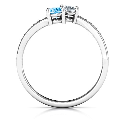 Elegant Accent Two Stone Ring – Sterling Silver with Blue Topaz, Cubic Zirconia, and White Premium Zirconia