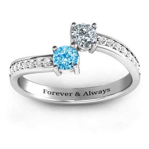 Elegant Accent Two Stone Ring – Sterling Silver with Blue Topaz, Cubic Zirconia, and White Premium Zirconia
