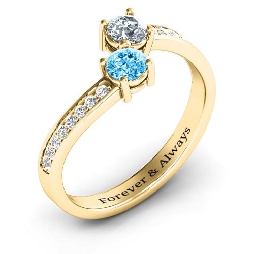 Elegant Accent Two Stone Ring – 10K Yellow Gold with Blue Topaz, Cubic Zirconia, and White Premium Zirconia