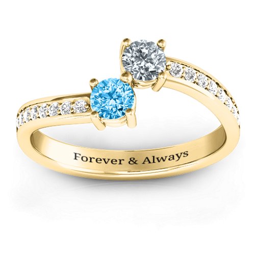 Elegant Accent Two Stone Ring – 10K Yellow Gold with Blue Topaz, Cubic Zirconia, and White Premium Zirconia
