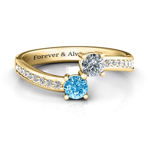 Elegant Accent Two Stone Ring – 10K Yellow Gold with Blue Topaz, Cubic Zirconia, and White Premium Zirconia
