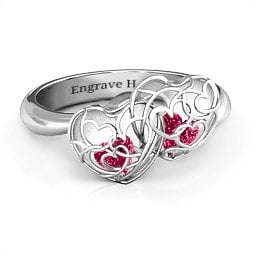 Double Heart Cage Ring with 1-6 Heart Shaped Birthstones