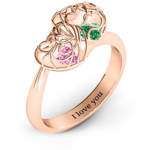 Double Heart Cage Ring with 1-6 Heart Shaped Birthstones