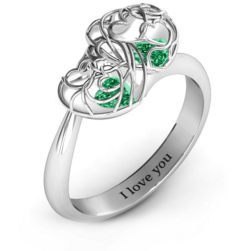 Double Heart Cage Ring with 1-6 Heart Shaped Birthstones – Sterling Silver with Emerald