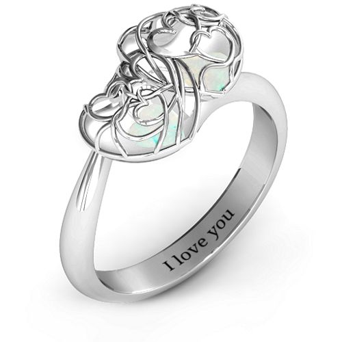 Double Heart Cage Ring with 1-6 Heart Shaped Birthstones