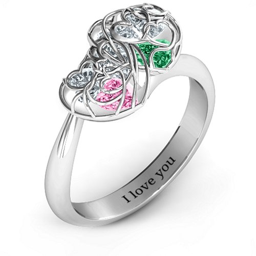 Double Heart Cage Ring with 1-6 Heart Shaped Birthstones