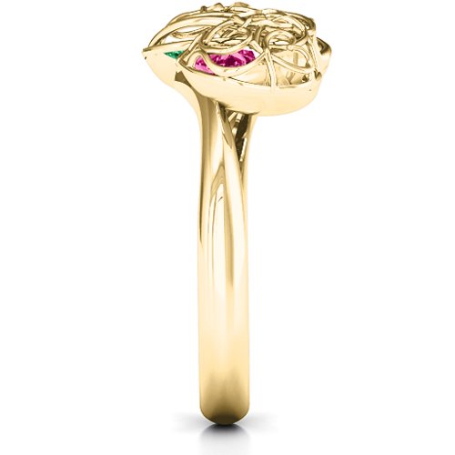 Double Heart Cage Ring with 1-6 Heart Shaped Birthstones – 10K Yellow Gold with Emerald and Ruby