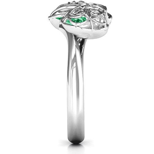 Double Heart Cage Ring with 1-6 Heart Shaped Birthstones – Sterling Silver with Emerald