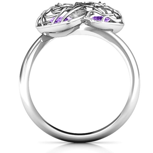 Double Heart Cage Ring with 1-6 Heart Shaped Birthstones – Sterling Silver with Amethyst