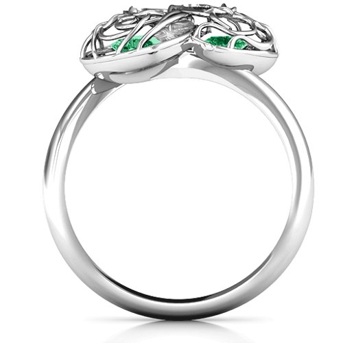 Double Heart Cage Ring with 1-6 Heart Shaped Birthstones – Sterling Silver with Emerald