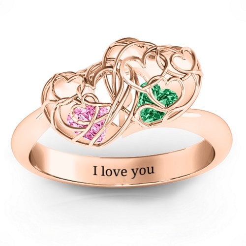 Double Heart Cage Ring with 1-6 Heart Shaped Birthstones