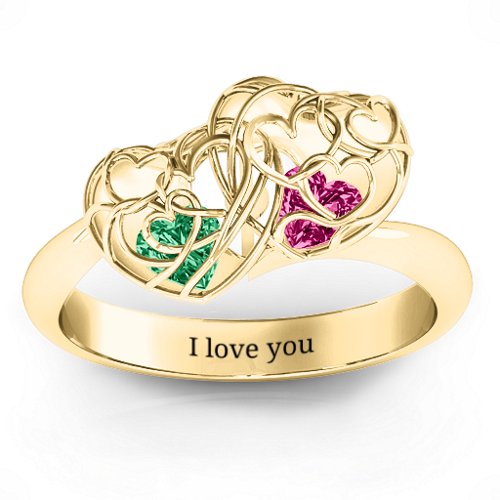 Double Heart Cage Ring with 1-6 Heart Shaped Birthstones – 10K Yellow Gold with Emerald and Ruby