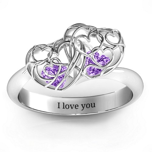 Double Heart Cage Ring with 1-6 Heart Shaped Birthstones – Sterling Silver with Amethyst