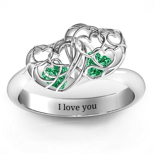 Double Heart Cage Ring with 1-6 Heart Shaped Birthstones – Sterling Silver with Emerald