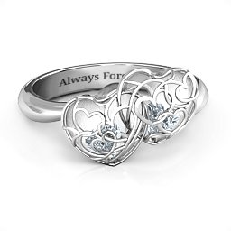 Double Heart Cage Ring with 1-6 Heart Shaped Birthstones in 925 Sterling Silver with Diamond