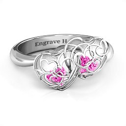Double Heart Cage Ring with 1-6 Heart Shaped Birthstones in 925 Sterling Silver with Pink Tourmaline