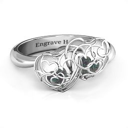 Double Heart Cage Ring with 1-6 Heart Shaped Birthstones in 925 Sterling Silver with Alexandrite
