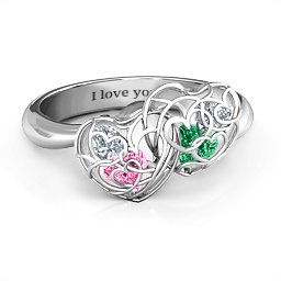 Double Heart Cage Ring with 1-6 Heart Shaped Birthstones in 925 Sterling Silver with Pink Tourmaline and Emerald