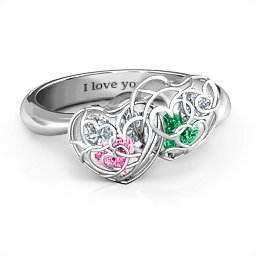 Double Heart Cage Ring with 1-6 Heart Shaped Birthstones in 925 Sterling Silver with Pink Tourmaline and Emerald
