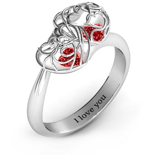 Double Heart Cage Ring with 1-6 Heart Shaped Birthstones – Sterling Silver with Garnet
