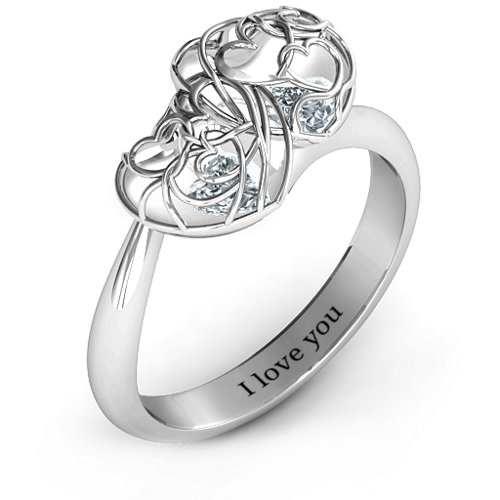 Double Heart Cage Ring with 1-6 Heart Shaped Birthstones – Sterling Silver with Diamond