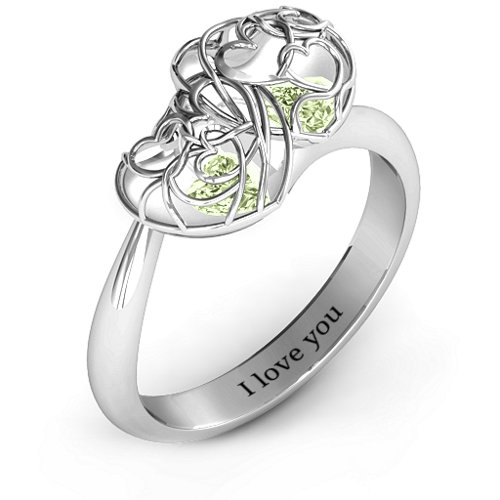 Double Heart Cage Ring with 1-6 Heart Shaped Birthstones – Sterling Silver with Peridot