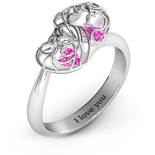 Double Heart Cage Ring with 1-6 Heart Shaped Birthstones – Sterling Silver with Pink Tourmaline