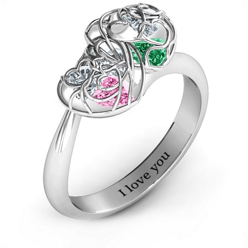 Double Heart Cage Ring with 1-6 Heart Shaped Birthstones – Sterling Silver with Pink Tourmaline, Emerald, and Cubic Zirconia