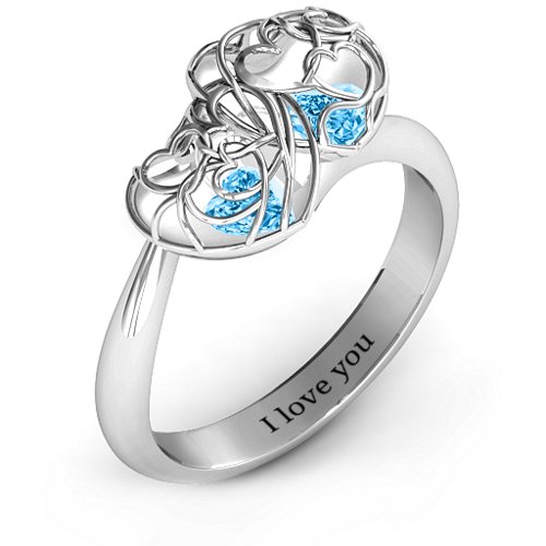 Double Heart Cage Ring with 1-6 Heart Shaped Birthstones – Sterling Silver with Blue Topaz