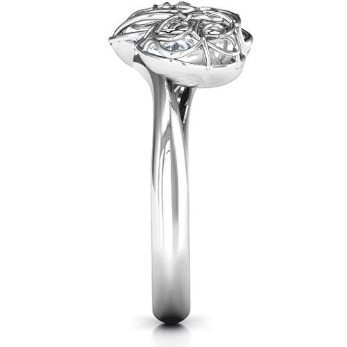 Double Heart Cage Ring with 1-6 Heart Shaped Birthstones – Sterling Silver with Diamond