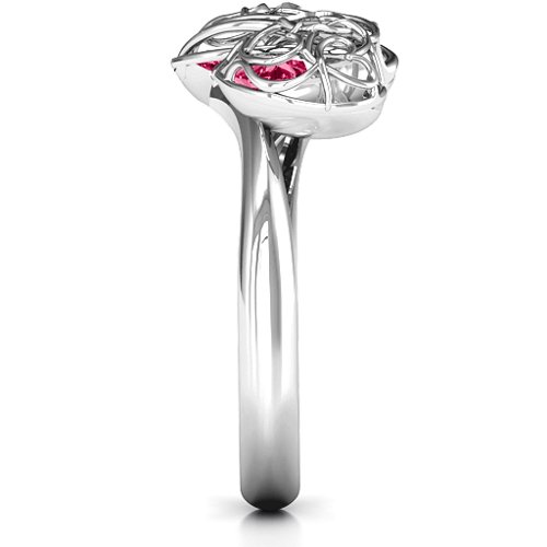 Double Heart Cage Ring with 1-6 Heart Shaped Birthstones – Sterling Silver with Ruby