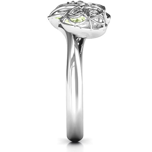 Double Heart Cage Ring with 1-6 Heart Shaped Birthstones – Sterling Silver with Peridot