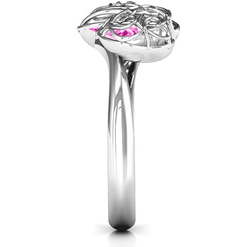 Double Heart Cage Ring with 1-6 Heart Shaped Birthstones – Sterling Silver with Pink Tourmaline