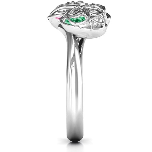 Double Heart Cage Ring with 1-6 Heart Shaped Birthstones – Sterling Silver with Pink Tourmaline and Emerald