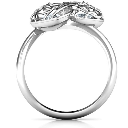Double Heart Cage Ring with 1-6 Heart Shaped Birthstones – Sterling Silver with Diamond