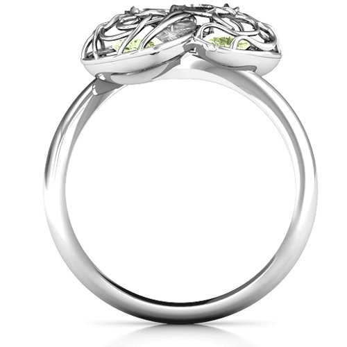 Double Heart Cage Ring with 1-6 Heart Shaped Birthstones – Sterling Silver with Peridot